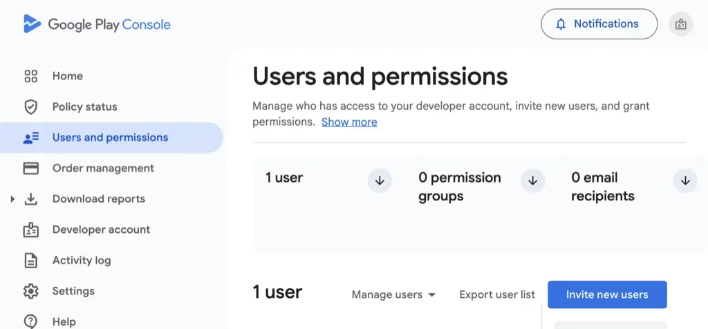 Google Play Console Users and Permissions